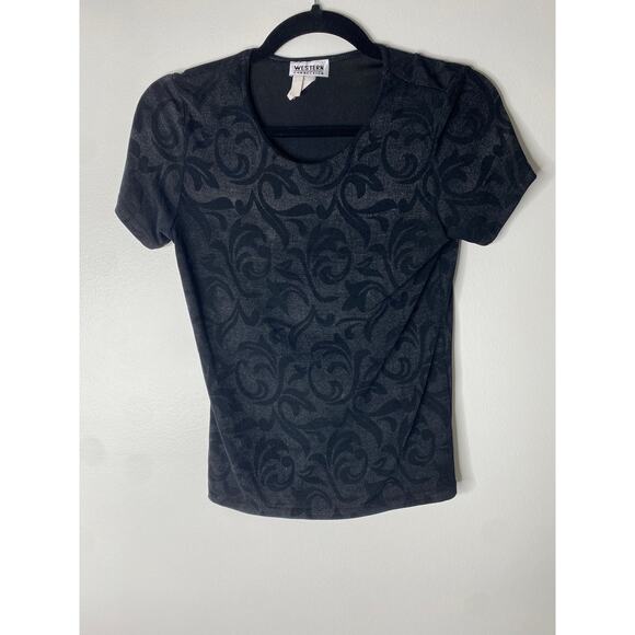 Vintage Gray Black Contrast Jacquard Pattern Stretchy Short-sleeved Top Small - Picture 2 of 8